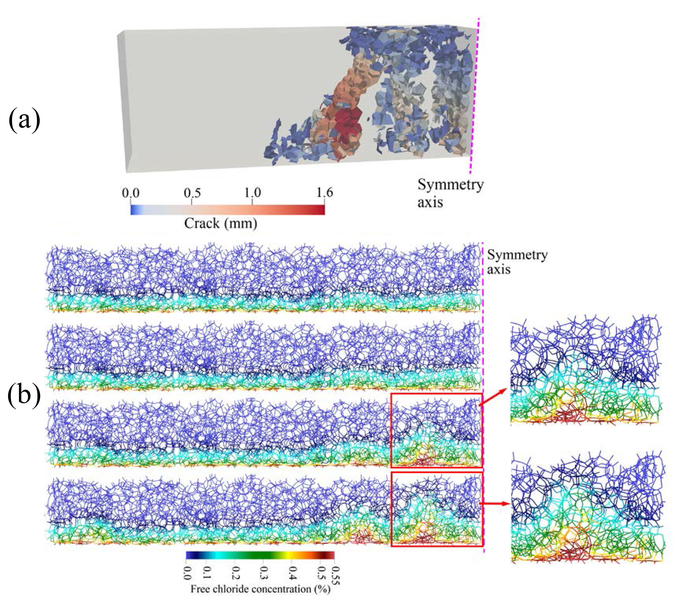 Fracture behavior and chloride invasion in RC beam under 4-point bending.